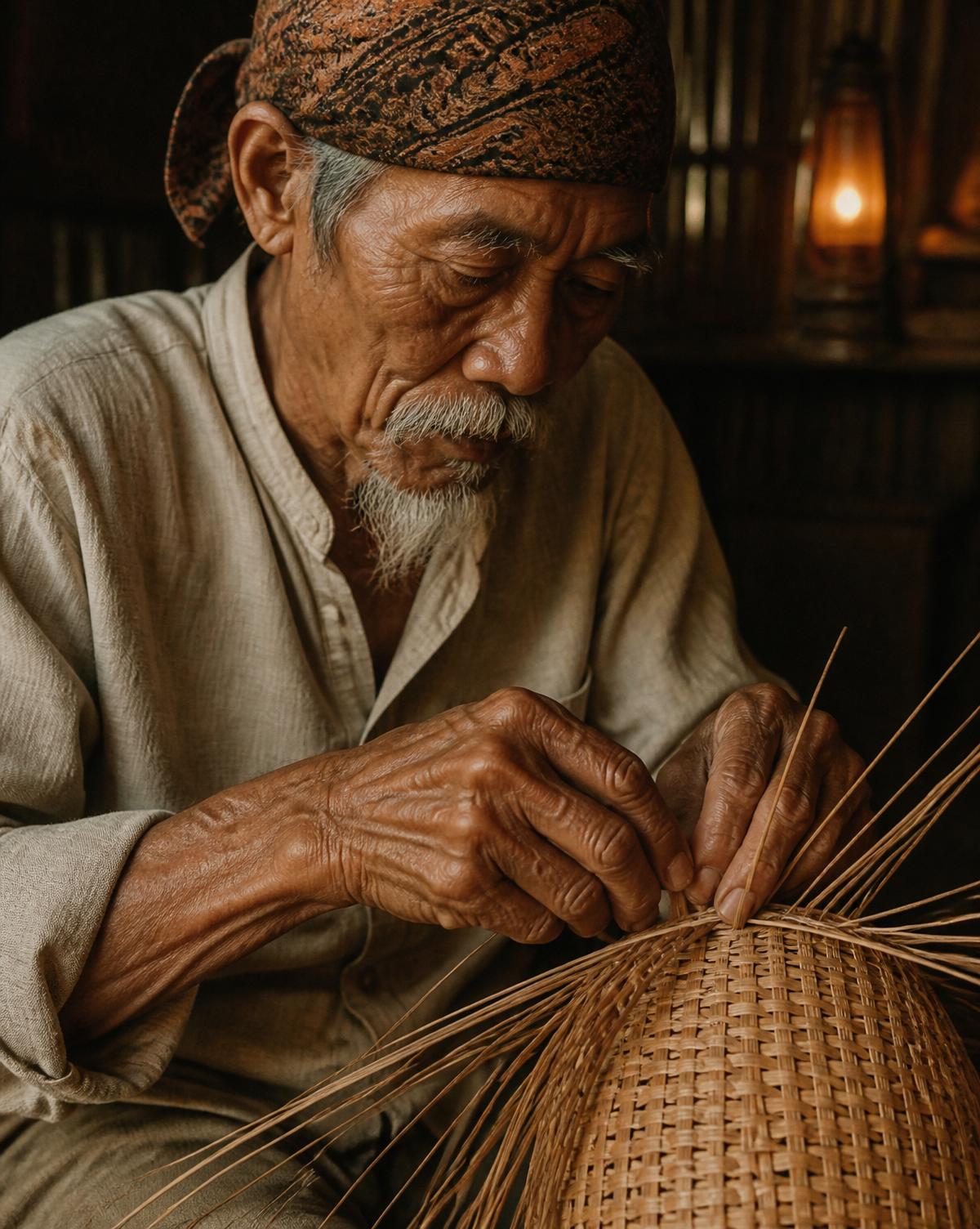 Weathered hands weaving fine rattan by lantern light