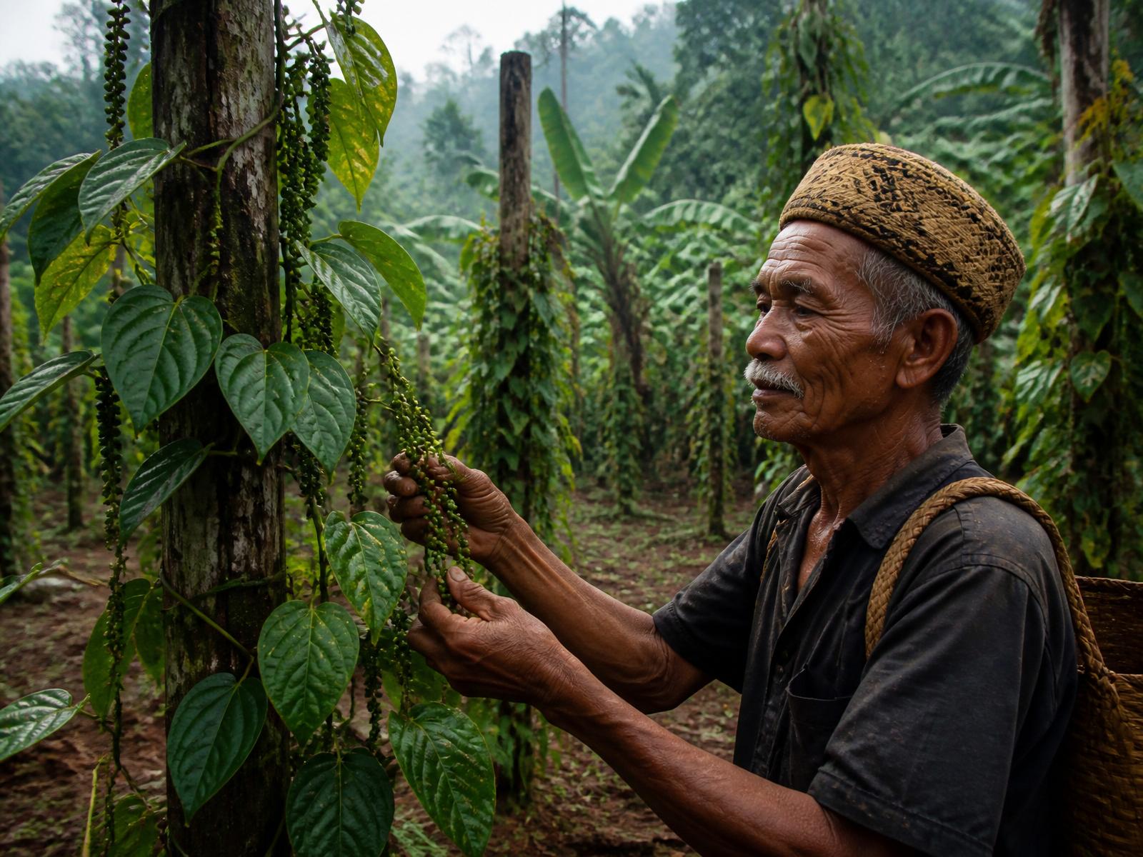 A Bidayuh farmer inspecting green peppercorns on a tropical vine, banana trees behind